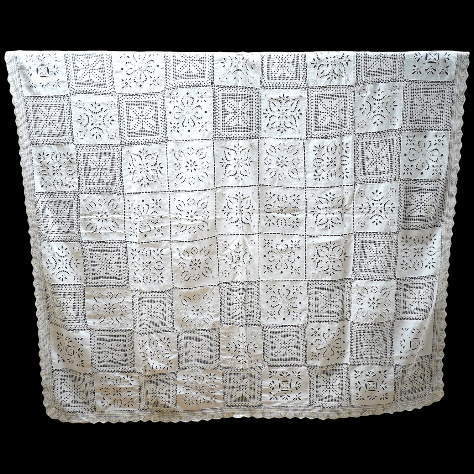 A fancy crochet and anglaise hand worked tablecloth, together with a collection of lawn and linen table linen, mats, etc. and various lengths of lace including a panel of Irish crochet, Irish crochet panel 142cm long x 5